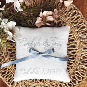 Linen Ring Bearer Pillow - 7 inch - Embroidered Names and Date