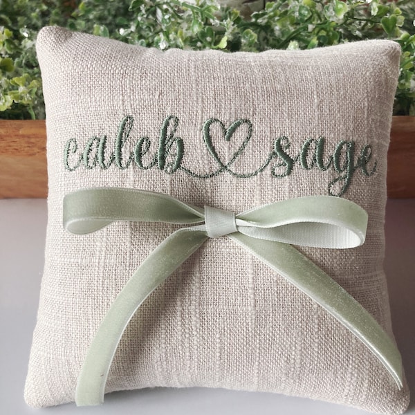 Linen Ring Bearer PIllow - 5 inch - Lovebug Embroidered Full Names