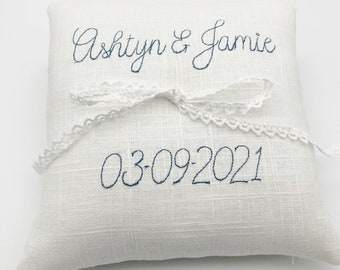 Linen Ring Bearer Pillow - 7 inch - Embroidered Names and Date