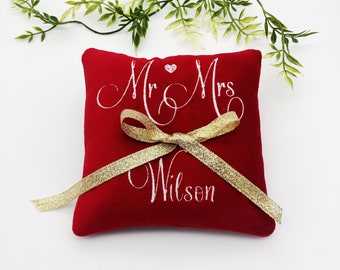 Mr and Mrs Velvet Ring Bearer Pillow - 5 or 7 inch - Embroidered
