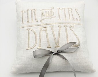 Linen Ring Bearer Pillow - 7 inch  - Embroidered Mr and Mrs