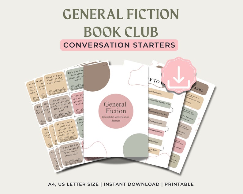 General Fiction Bookclub Conversation Starters, PDF Printable, A4 & US Letter Size, Instant Download. Includes How to Use, 5 Fun Ways to use the Flash Cards & 3 pages of conversation starter flash cards; 36 questions total.