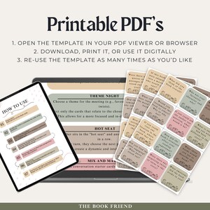 Op de afbeelding: Printbare PDF-sjablonen voor boekclubbijeenkomsten. De sjablonen bevatten instructies over het gebruik ervan, een thema-avondsectie, een hot seat-sectie en een mix-and-match-sectie met gesprekskaarten. De kaarten bevatten een verscheidenheid aan vragen over boeken, zoals "Wat was je favoriete personage?" en "Wat had je gewenst dat (de auteur) anders had gedaan?"