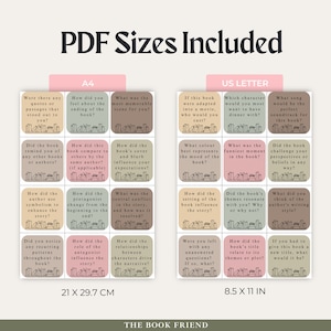 Op de afbeelding: Een downloadbare PDF om te printen met discussiekaarten voor de boekclub. De kaarten zijn in een rasterformaat met 9 kaarten per pagina. De kaarten zijn in roze, bruine en beige tinten met zwarte tekst en illustraties van boeken. De tekst op de kaarten bevat vragen over het boek, zoals "Wat was de meest memorabele sc&egrave;ne voor jou?" en "Hoe hebben de kaft en de flaptekst van het boek je verwachtingen be&iuml;nvloed?" De PDF is beschikbaar in twee formaten: A4 (21 x 29,7 cm) en US Letter (8,5 x 11 inch).