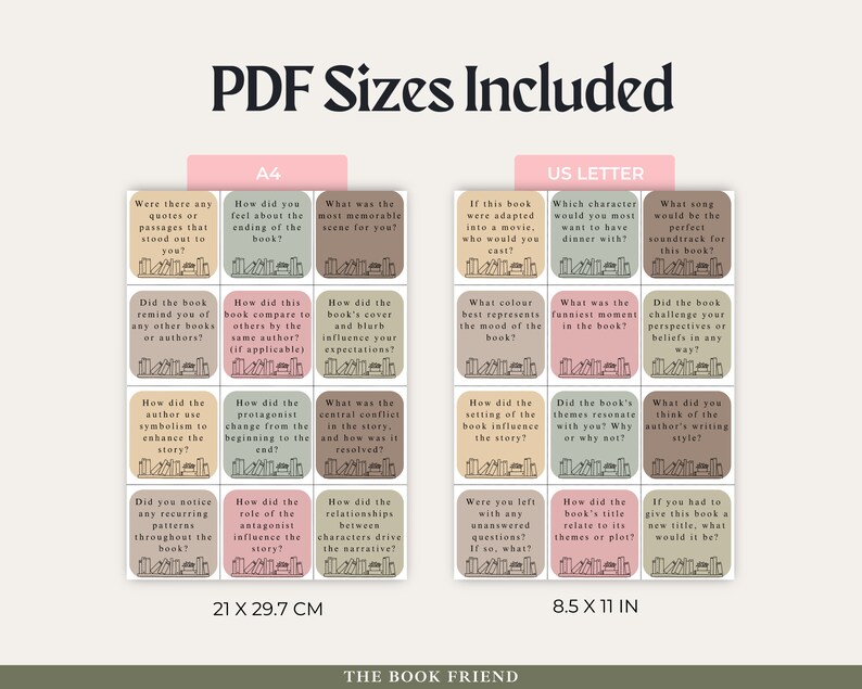 Op de afbeelding: Een downloadbare PDF om te printen met discussiekaarten voor de boekclub. De kaarten zijn in een rasterformaat met 9 kaarten per pagina. De kaarten zijn in roze, bruine en beige tinten met zwarte tekst en illustraties van boeken. De tekst op de kaarten bevat vragen over het boek, zoals "Wat was de meest memorabele sc&egrave;ne voor jou?" en "Hoe hebben de kaft en de flaptekst van het boek je verwachtingen be&iuml;nvloed?" De PDF is beschikbaar in twee formaten: A4 (21 x 29,7 cm) en US Letter (8,5 x 11 inch).