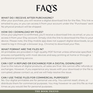 Op de afbeelding: FAQ's over digitale downloads. Deze tekst legt uit wat je ontvangt na aankoop, hoe je je bestanden downloadt, in welk formaat de bestanden zijn, of je een terugbetaling of ruil kunt krijgen en of je de bestanden voor commerci&euml;le doeleinden kunt gebruiken.