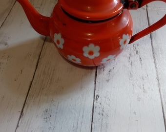 Vintage Orange Emaille Teekanne | Weiße Gänseblümchen Blumen, Mid Century Jugoslawien Tischteekanne