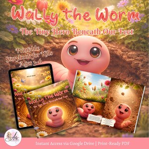 May include: A digital illustration of a smiling pink worm, the character "Wally the Worm", from a children's storybook. The book cover and a tablet display the title "Wally the Worm: The Tiny Hero Beneath Our Feet". The image includes flowers and text.