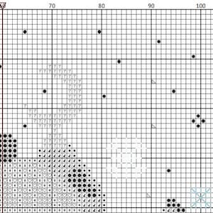 May include: A cross-stitch pattern grid with various symbols and numbers. The design includes black circles, triangles, and heart shapes, along with the number 7 and the question mark symbol. The grid is divided into squares, creating a detailed pattern.