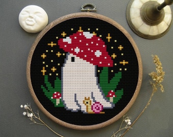 Spore Spirit Ghost Cross Stitch Pattern Halloween Mushroom Design Cottagecore Fantasy Embroidery PDF