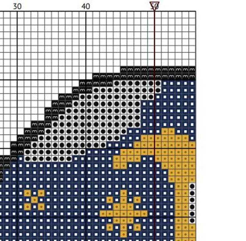May include: A cross-stitch pattern chart with a grid of squares. The design features a crescent moon and stars in gold against a dark blue background, with a black and white section at the top. The chart is marked with numbers.