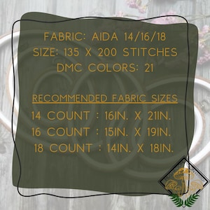 May include: A cross-stitch pattern guide with text on a dark green background. The text provides fabric and size details, including AIDA fabric counts and recommended sizes in inches. The image also includes the shop's logo.