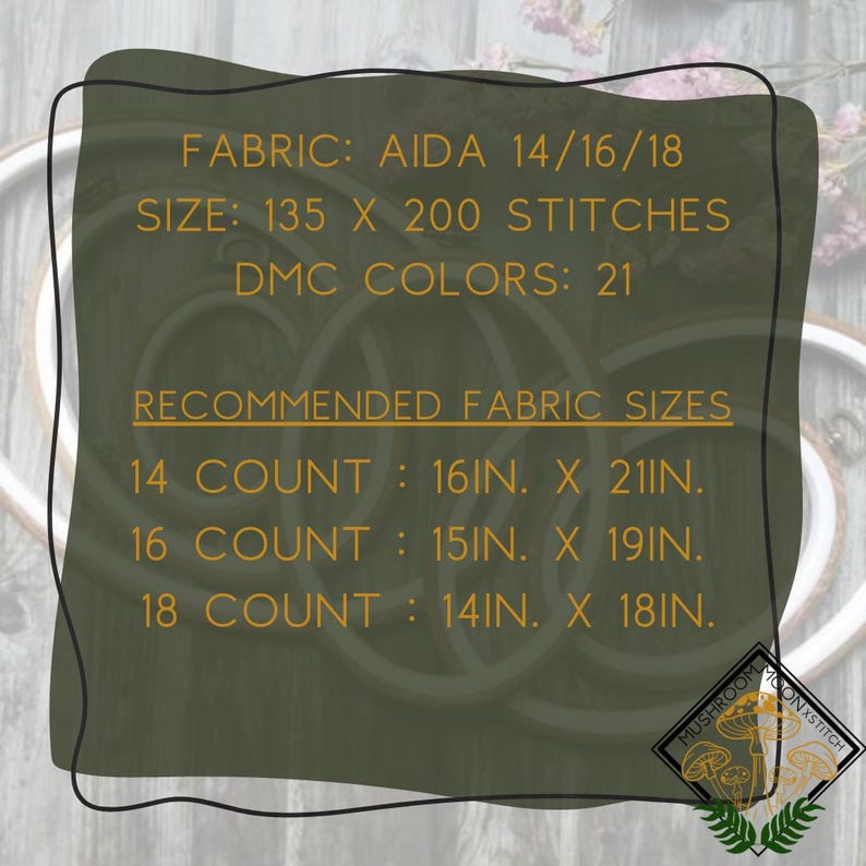 May include: A cross-stitch pattern guide with text on a dark green background. The text provides fabric and size details, including AIDA fabric counts and recommended sizes in inches. The image also includes the shop's logo.
