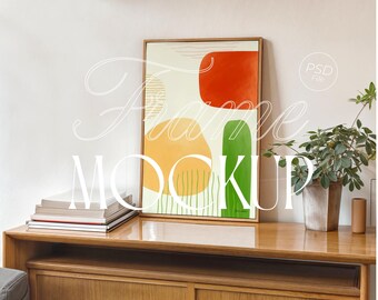 Frame Mockup for Art Display | Vertical DIN A Wood Frame PSD | Photoshop Photopea Trendy Mockup Template