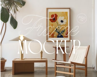 Frame Mockup for Art Display | Vertical DIN A Wood Frame PSD | Photoshop Photopea Trendy Mockup Template