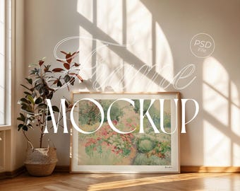 Horizontal Frame Mockup for Art Display | DIN A Wood Frame PSD | Photoshop Photopea Poster Trendy Mockup