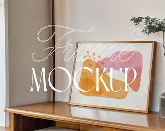 Horizontal Frame Mockup for Art Display | DIN A Wood Frame PSD | Photoshop Photopea Poster Trendy Mockup