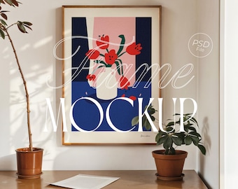 Frame Mockup for Art Poster | Vertical DIN A Wood Frame PSD | Photoshop Photopea Cozy Mockup
