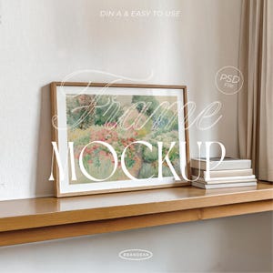 Horizontal Frame Mockup Template for Art Display | DIN A Wood Frame PSD | Photoshop Photopea Poster Trendy Mockup