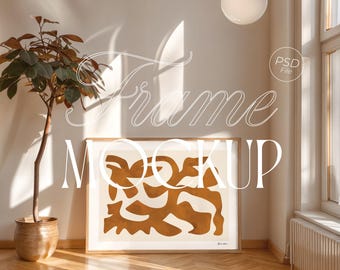 Horizontal Frame Mockup for Art Display | DIN A Wood Frame PSD | Photoshop Photopea Poster Trendy Mockup
