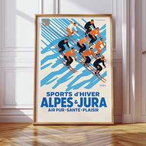 Vintage French Ski Poster – Alpes & Jura Winter Sports – Art Deco Printable Wall Art – Retro Chalet Decor – Alpine Skiing Illustration