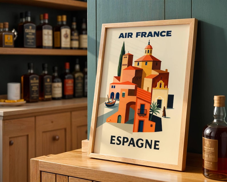 May include: A framed vintage travel poster for Air France, featuring a colorful illustration of a Spanish town. The poster has a light wood frame and the text "Air France" and "Espagne" in navy blue.