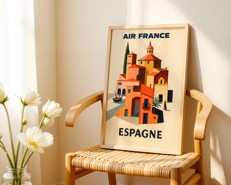 May include: A framed travel poster for Air France featuring a stylized illustration of a Spanish village with orange, yellow, and blue buildings. The poster is displayed on a wooden chair.