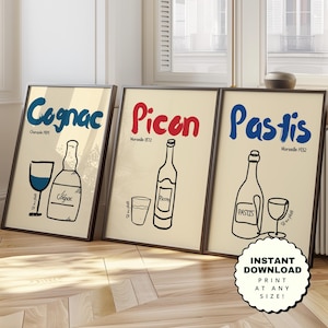 Set of 3 &quot;Pastis, Picon, Cognac&quot; Wall Posters - Digital Download, French Wall Art, Perfect Decoration for Home, Bar or Restaurant