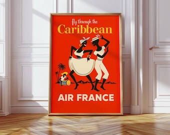 Air France Caribbean Poster – Vintage Travel Wall Art – Tropical Retro Decor – Printable 1950s Aviation Illustration - French Poster Art