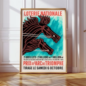 フランスのヴィンテージポスター - 凱旋門賞競馬アート - 1950年代のナショナル宝くじプリント - 大胆なティール色のウォールデコレーション