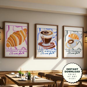 Set of 3 &quot;Cafe Croissant S&#39;il vous plaît&quot; Wall Posters - Digital Download, Kitchen Wall Art, Retro French Pastry Poster
