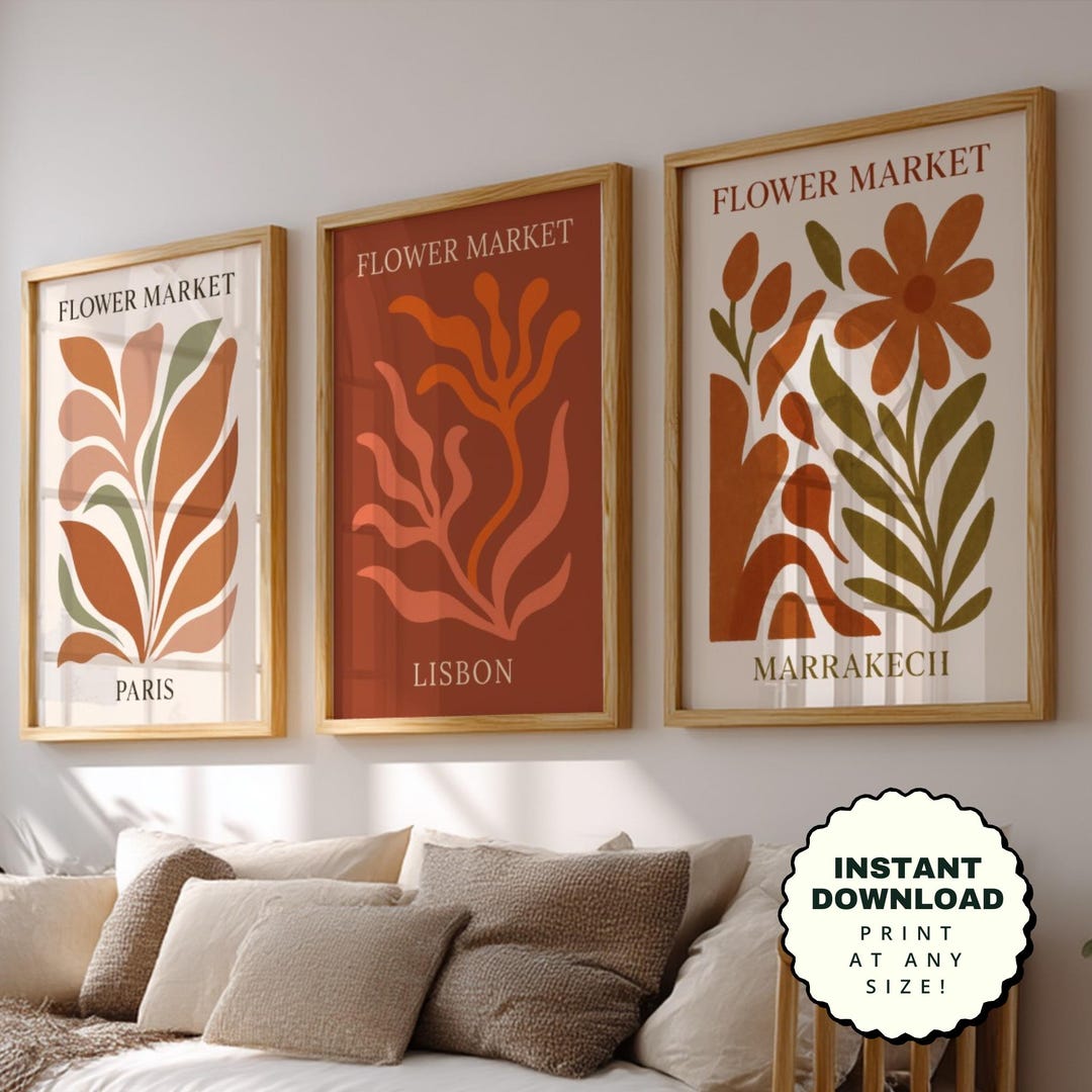 Terracotta Boho Flower Market Set of 3 Posters – Abstract Wall Art ...