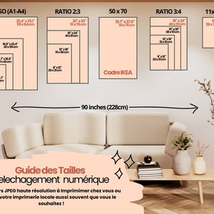 May include: A visual guide displaying print sizes in inches and centimeters, including ISO (A1-A4), Ratio 2:3, 50 x 70, Ratio 3:4, and 11x14. The guide is set against a neutral-toned living room backdrop with a sofa, coffee table, and decorative plants.