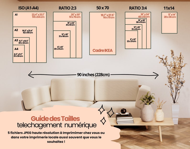 May include: A visual guide displaying print sizes in inches and centimeters, including ISO (A1-A4), Ratio 2:3, 50 x 70, Ratio 3:4, and 11x14. The guide is set against a neutral-toned living room backdrop with a sofa, coffee table, and decorative plants.