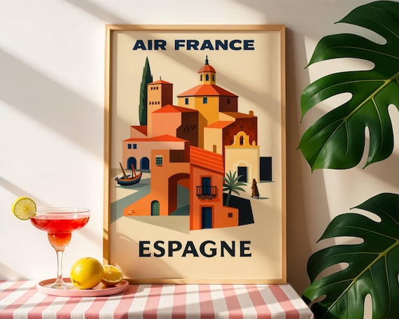 Vintage Travel Poster – Air France Espagne – 1950s Spain Wall Art – Retro Printable French Airline Decor – Mid Century Modern Travel Print