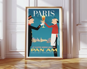 Vintage Paris Pan Am Poster – Retro Travel Wall Art Print – 1950s Jet Clipper Airline Decor – Digital Download for Kitchen or Bar