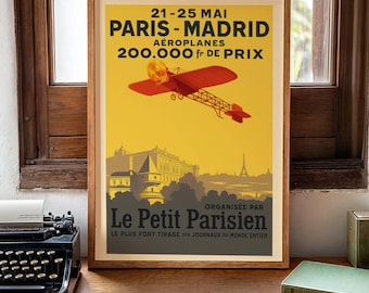Vintage Aviation Poster – Paris Madrid Air Race 1911 – Le Petit Parisien – Early Flight Wall Art – Printable Antique Travel Poster