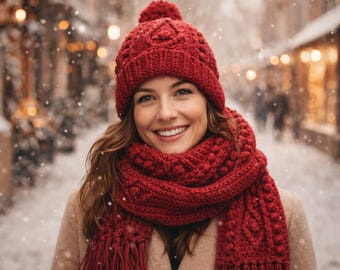 Handmade Crochet Hat and Scarf Set for Women, Cozy Winter Set, Handmade Knit Accessories, Tasseled Cold Weather Gift