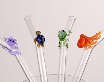 Handmade Glass Straw: Axolotl, Frog, Octopus, Turtle - Wildlife Set