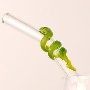 Pu&ograve; includere: Una cannuccia di vetro trasparente con un serpente di vetro verde avvolto attorno. Il serpente ha occhi gialli ed &egrave; avvolto attorno alla cannuccia. La cannuccia &egrave; angolata e sembra essere in un bicchiere.