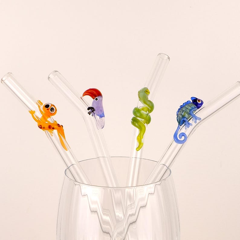 Handmade Glass Straws: Jungle Animal Set with Coconut Brush
