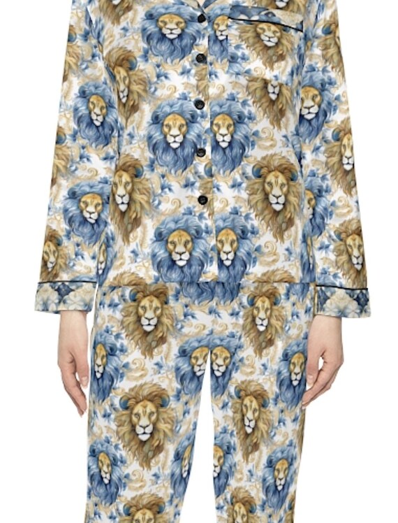 Women s Satin Pajamas Lion Blue Gold Silk Pajamas Womens Silk Pyjamas Satin Pjs Satin Pyjamas for Women Silk Pajama Set Button up Pjs Etsy