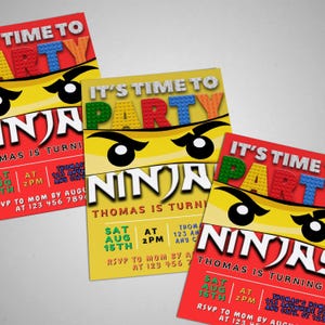 May include: It's time to party invitation with a Lego ninja theme. The invitation is yellow and red with a Lego ninja face and the text "It's time to party" in Lego bricks. The text "Ninja" is in black and the text "Thomas is turning" is in black. The invitation includes the date, time, and RSVP information.