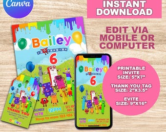 Number blocks invite, numberblocks printable birthday party invitation, 1-10 numberblocks, colorful rainbow, kids bday evite, canva template