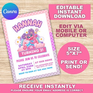 Invitation d'anniversaire d'Abby Cadabby, invitation de Sesame Street, invitation de filles de Sesame Street, invitations d'enfants, téléchargement immédiat, toile