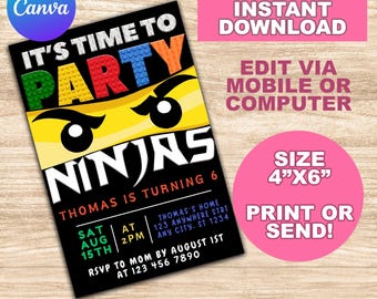 Editable Ninja Invitation, Kids Ninja Invite, Ninja Birthday Invite, Digital kids invitation, Instant download, Canva