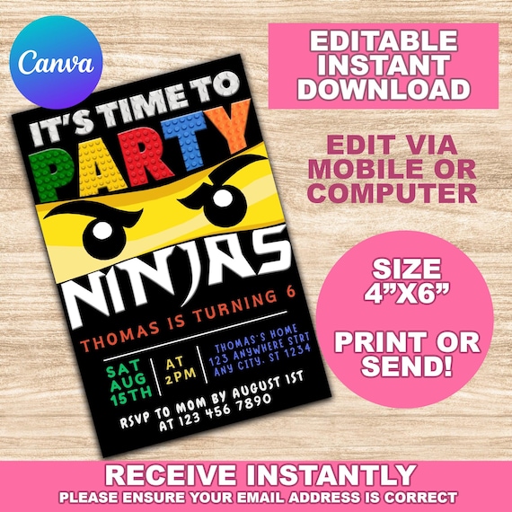 Editable Ninja Invitation, Kids Ninja Invite, Ninja Birthday Invite, Digital kids invitation, Instant download, Canva