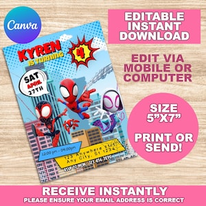 Invito di compleanno di Spidey e i suoi fantastici amici, invito di compleanno di Spidey, invito di compleanno di supereroi, invito modificabile con download immediato, Canva