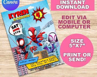 Spidey And his Amazing Friends Birthday Invite, Spidey Birthday Invite, Superhero Birthday Invite, Editable Instant download Invite, Canva