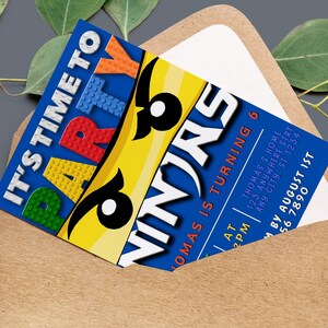May include: A blue and yellow birthday party invitation with a Lego ninja theme. The invitation says "It's time to party" and "Thomas is turning 6".